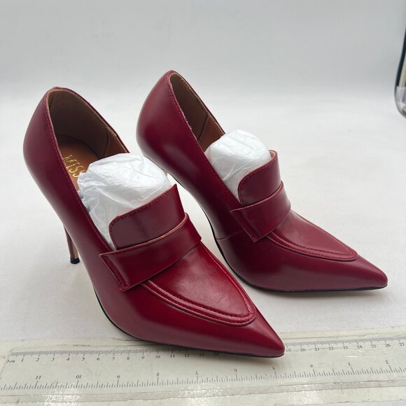 miss left Burgundy High Heel Loafer Pumps with Trim Pointed Toe Slip on Shoe - Picture 4 of 8